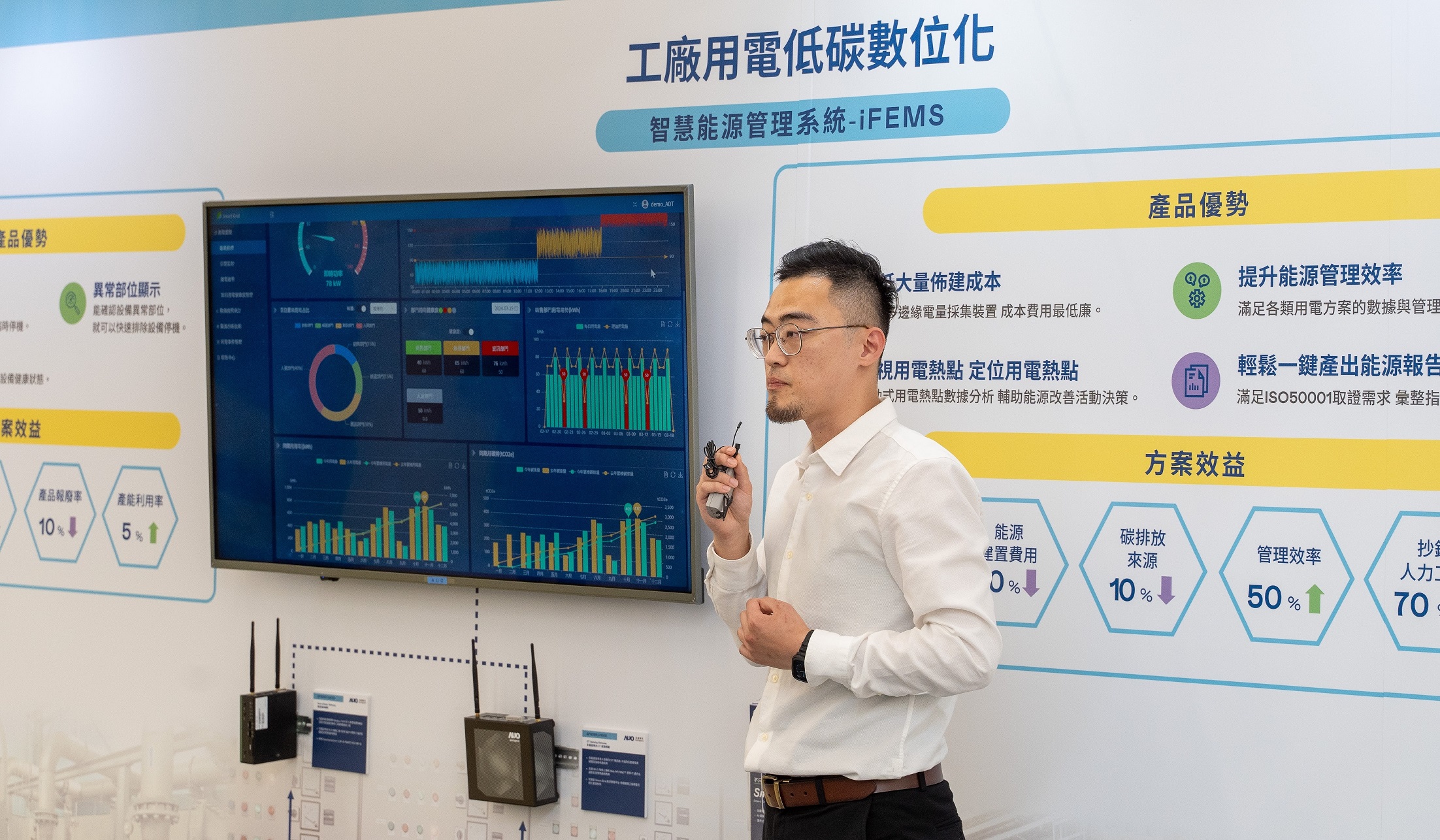 以协助企业布局智能制造见长的leyu体育官网数位，今年展出智能管理系统，已导入多元产业应用，能有效降低人力、提升管理效率